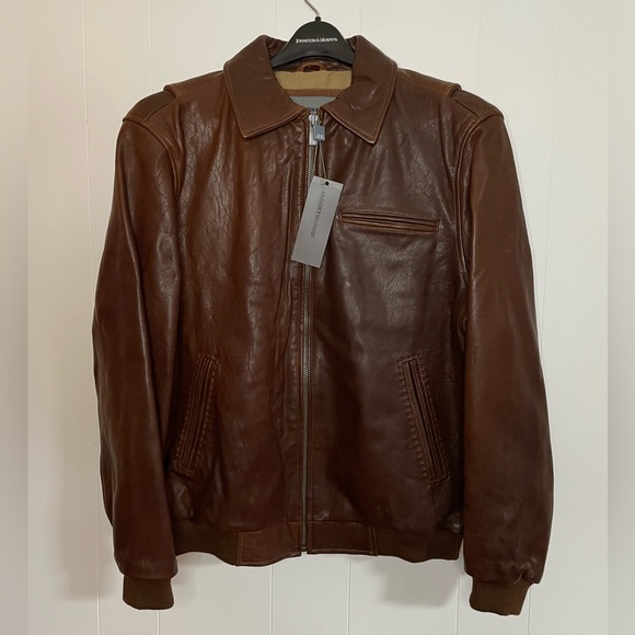Johnston & Murphy Bomber Jacket Brown Leather Collared Size M NWT $498 MSRP - Picture 1 of 16